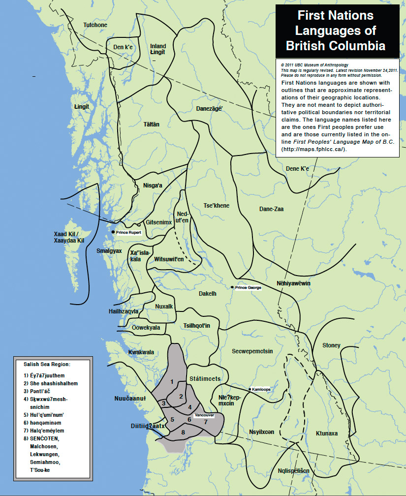 Une carte de la Colombie-Britannique montrant où sont parlées les langues des Premières Nations