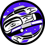 Une illustration du logo du Reciprocal Research Network avec un dessin noir et violet qui représente l’art autochtone