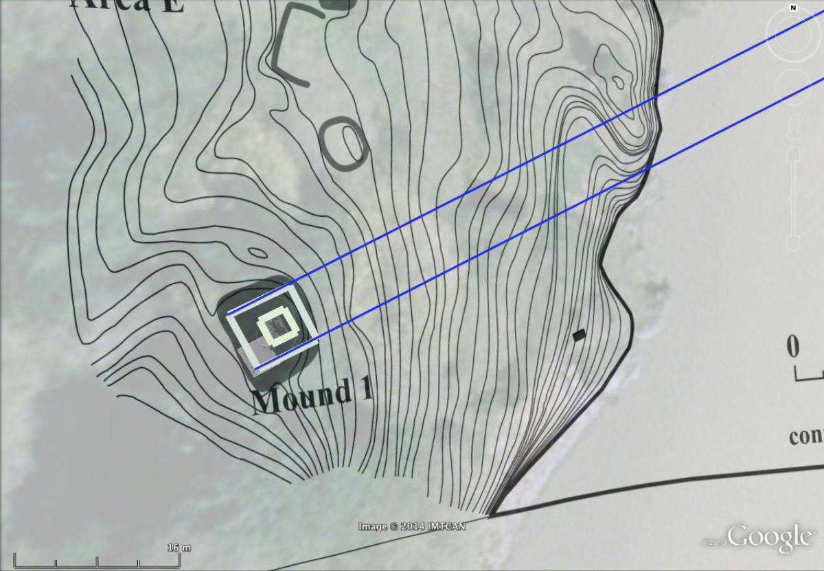 Une carte altimétrique qui montre le bord d’une rivière et une figure identifiée « Mound 1 » (tertre 1).