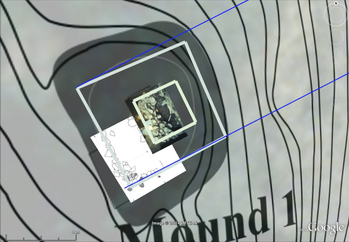 Close-up of a contour map showing ‘Mound 1’ as a high point with a photo of a rock alignment at its centre
