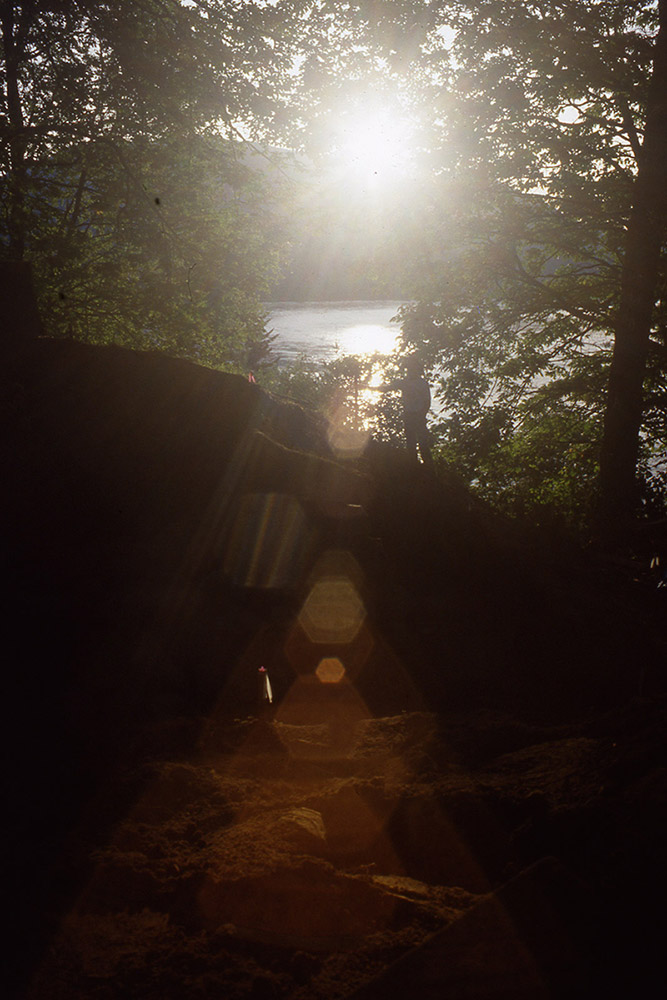 Une vue du soleil couchant au-dessus d’une rivière avec des arbres au premier plan.