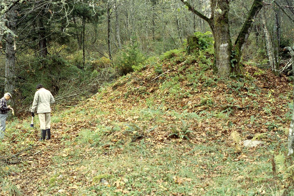 Two people stand beside an earthen mound covered in brush and trees.