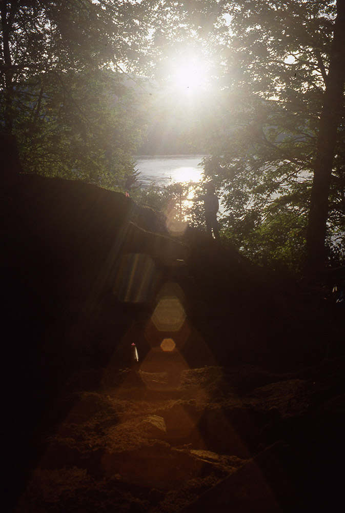 A view of the sun setting over a river framed by greenery.