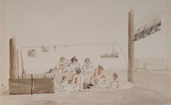 A painting shows the interior of a Coast Salish house. A group of people sit around a fire.