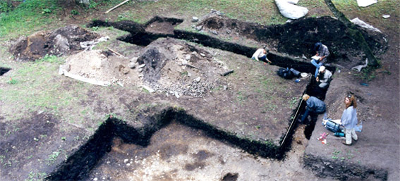 An aerial view of a group of archaeologists working in an archaeological area.