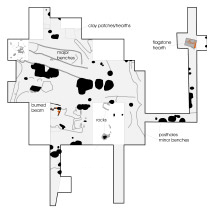 An excavation map shows the features of a large ancient plank house, such as postholes, benches, and hearths.