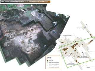 A composite photo and diagram show the excavation of an ancient house.