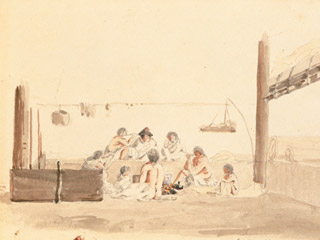 A painting shows the interior of a Coast Salish house. A group of people sit around a fire.