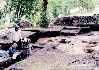A group of archeologists are gathered around an excavation site. 