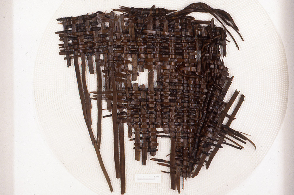A fragmented basket woven from bark strips. Parts of the rim and body of the basket are still preserved.