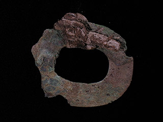 A flattened and oxidized circle of metal.