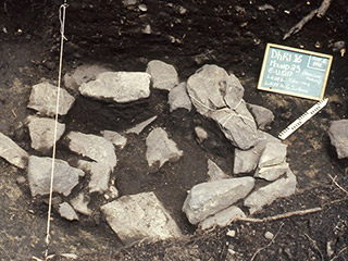 Un cercle de pierres grises, des moyennes et des grosses, empilées comme un cairn.