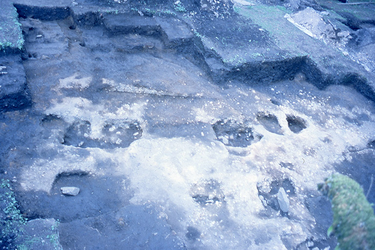 Un site archéologique avec de grands trous et des entailles dans le substrat rocheux.