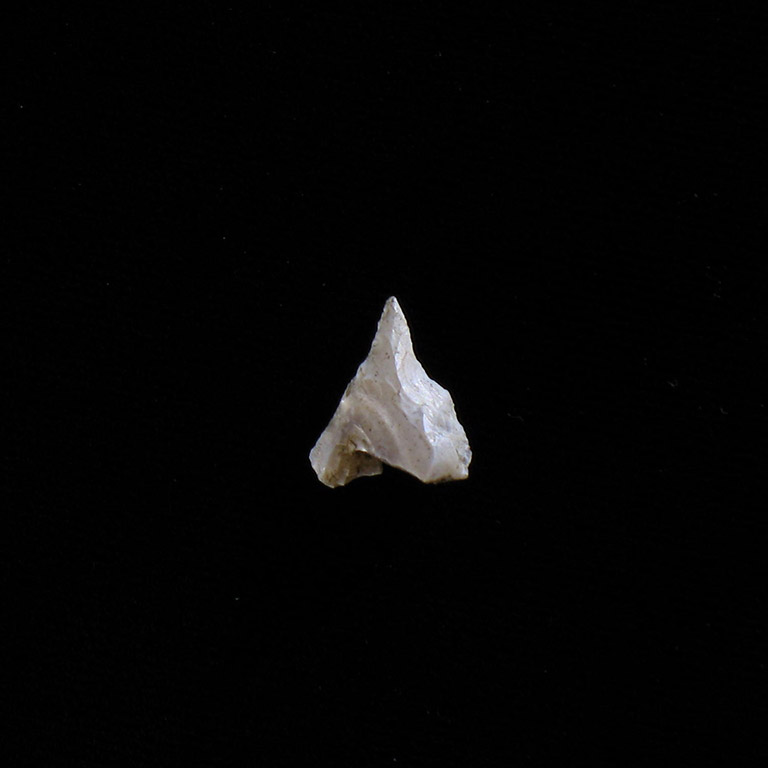 A tiny white stone fashioned into a triangular shape with a point.