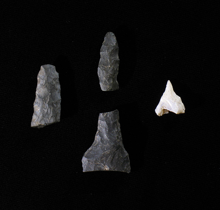 Trois morceaux noirs et un morceau blanc de pierre façonnés en pointes
