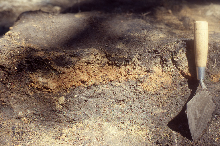 Un profil de terre avec des strates de terre brûlée et carbonisée ainsi que de cendres. Au premier plan, une truelle est plantée dans le sol.