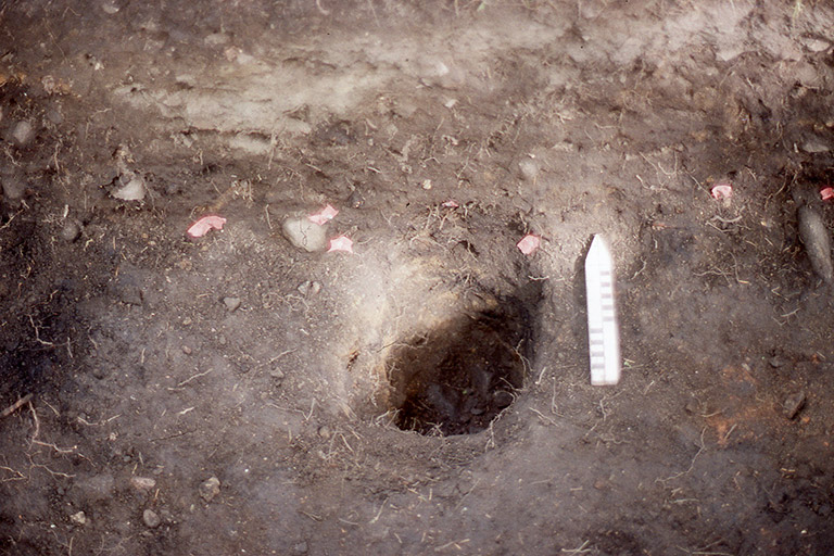 Archaeological excavation site showing a hole in the ground.
