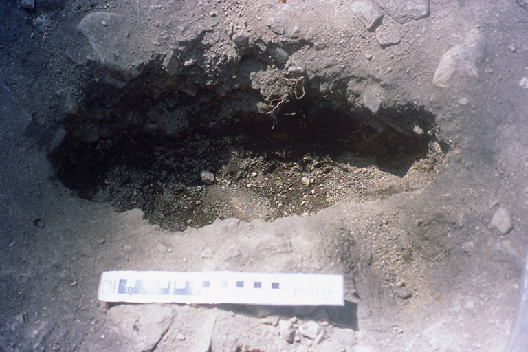 Un site de fouilles archéologiques avec un trou oblong dans le sol.