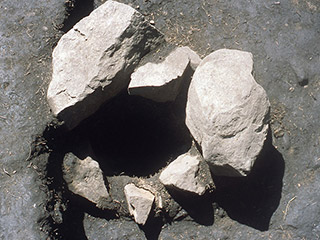 A dirt profile showing layers of burned earth, char, and ash.  There is a trowel stuck in the soil in the foreground.