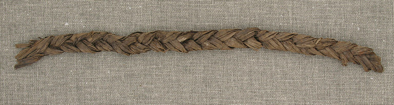 A fragment of braided fibre, reddish-brown in colour.