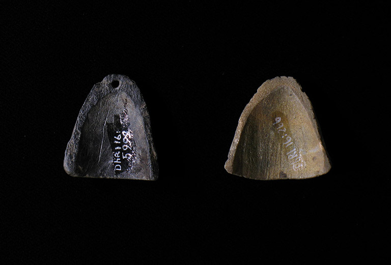 Two small concave stone pieces, one dark and one light, carved into a triangular shape. The dark one is pierced for adornment.