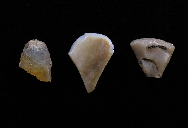 Three triangular pieces of white stone with one sharpened edge.