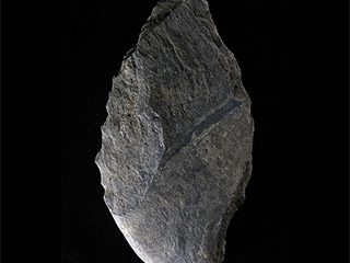 Larger piece of light grey stone, shaped like a leaf, on a black background.