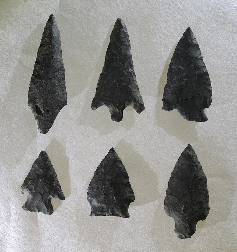 Six arrowheads of different sizes and widths made of dark stone on a white background.