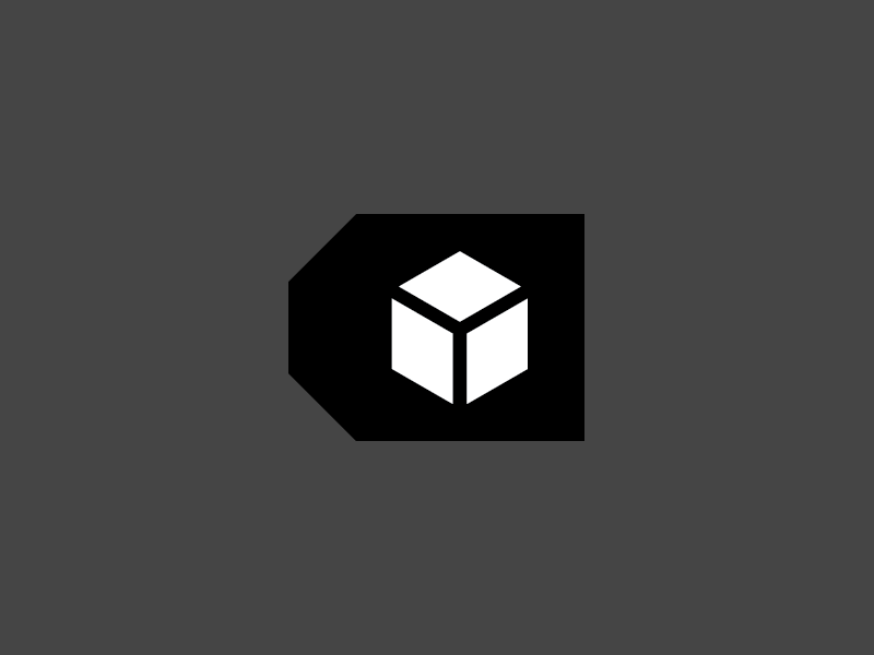 White cube on black tag on dark grey background.