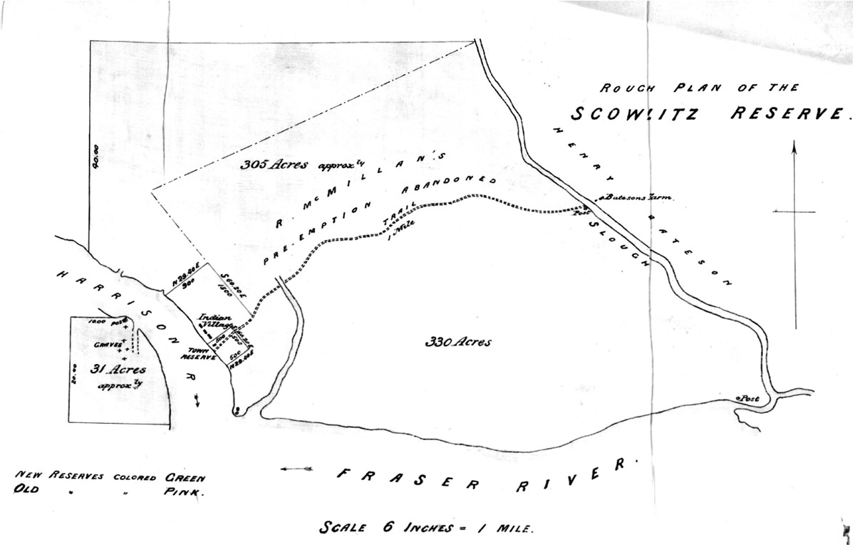 Une carte en noir et blanc des réserves indiennes 1 et 2 à Scowlitz. 