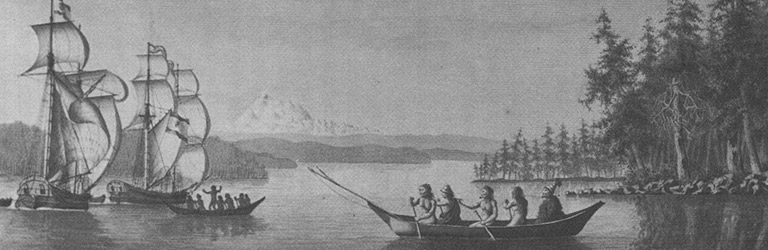 Tall ships anchored in a forested harbour with canoes of Aboriginal traders approaching