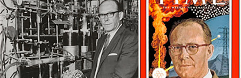 La photo en noir et blanc d’un homme avec des lunettes en écaille dans un laboratoire scientifique à côté de la couverture en couleur du magazine Times avec les mots « William Libby »