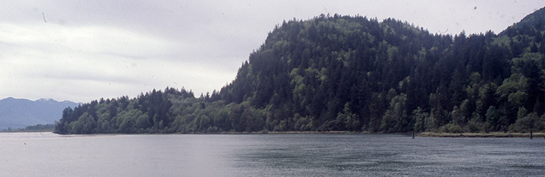 A grey river in the foreground with a hill in profile across the water, low and then rising to a hump