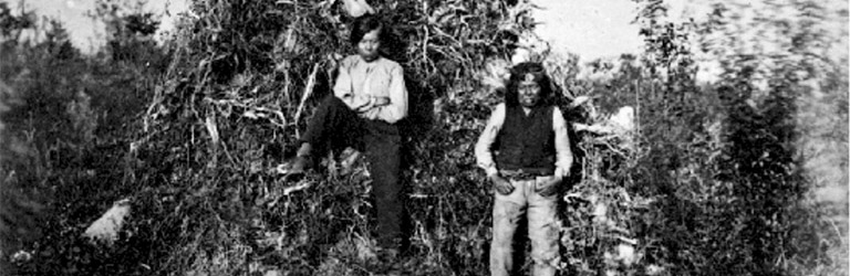 Three men rest on a fallen tree’s roots on a river bank.