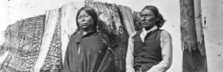 A man and woman stand in front of a large burnt out tree trunk.