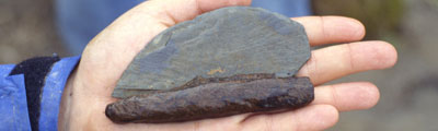 An ancient stone knife in its wooden handle is held in someone’s hand.