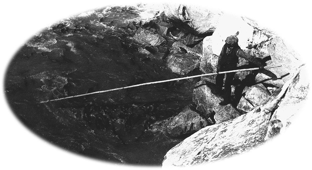 A black and white photograph of a man standing on rocks along the shore, holding onto a fishing net with a very long handle. The net is submerged in the water.