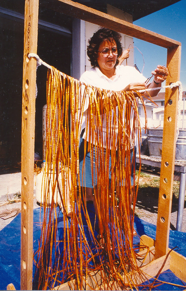A woman is hanging split cedar bark to dry.