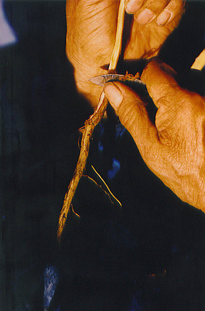A man is peeling the outer skin off of a cedar root.