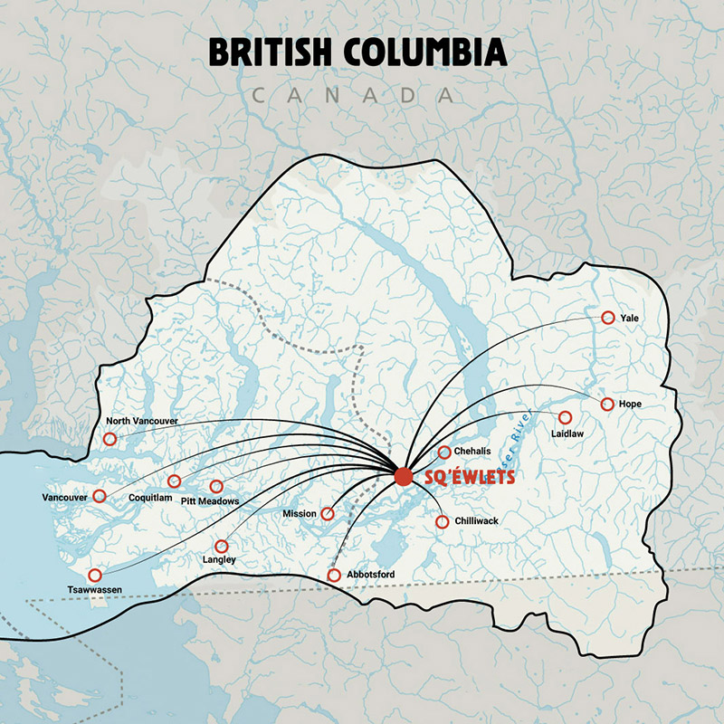 A map showing all of the familial connections between Sq’éwlets people and other communities throughout British Columbia.
