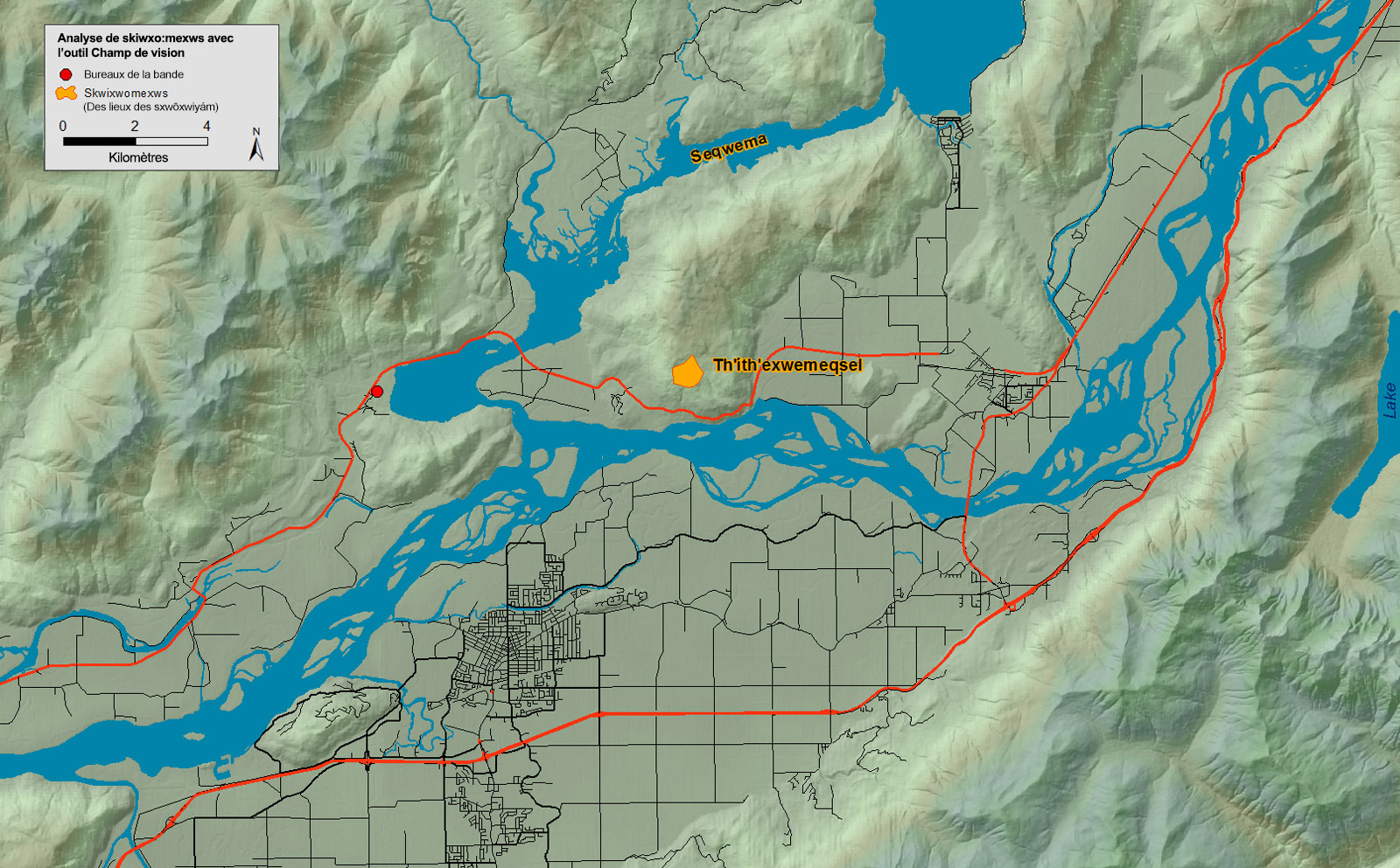 Une carte montre les lieux culturels importants tels que vus de l’endroit où la rivière Harrison rencontre le fleuve Fraser près de notre site ancestral de Qithyil.