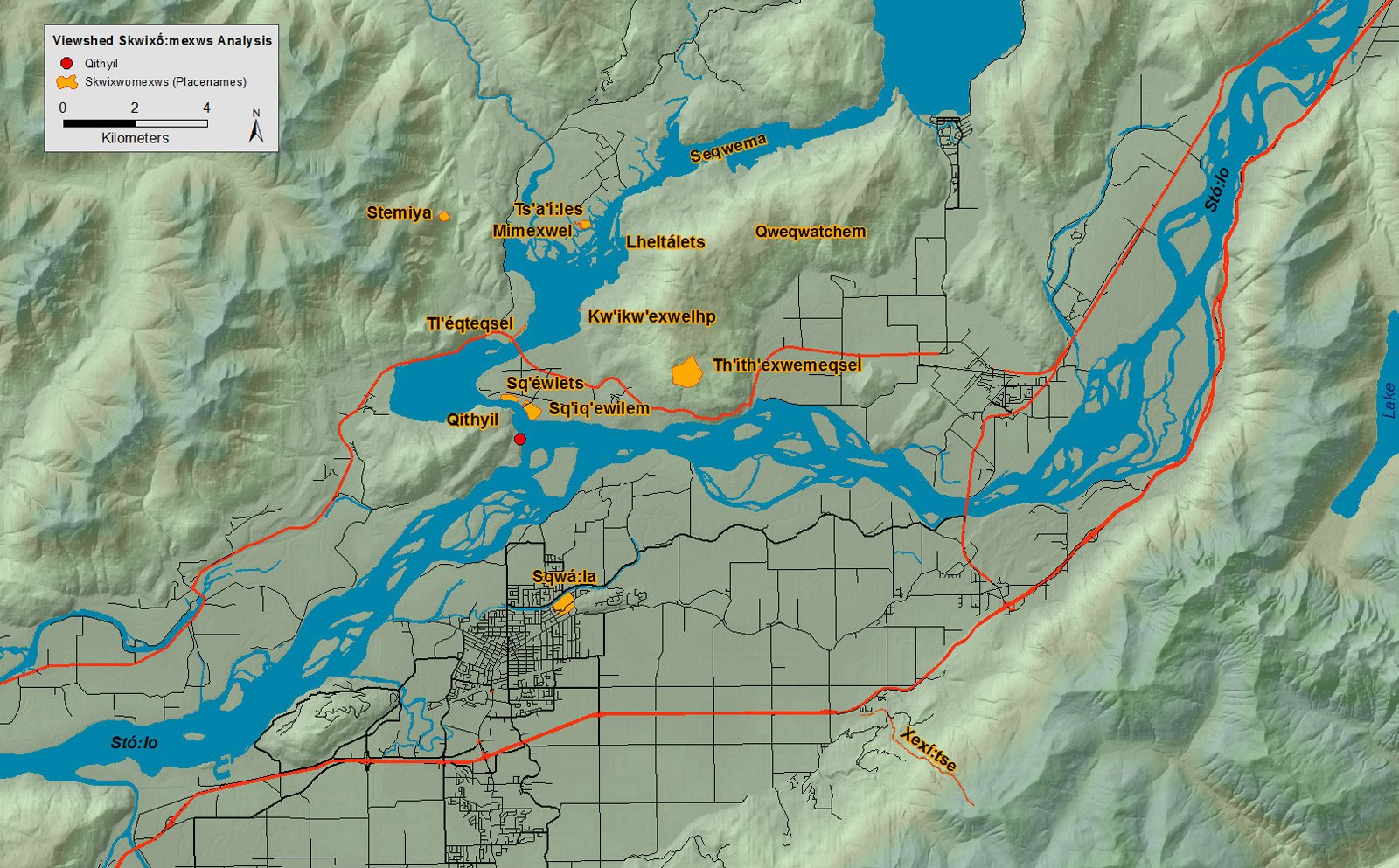 A map shows important cultural places that can be seen from where the Harrison and Fraser Rivers meet near the ancestral site Qithyil.