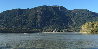 A high forested mountain set against the blue sky.