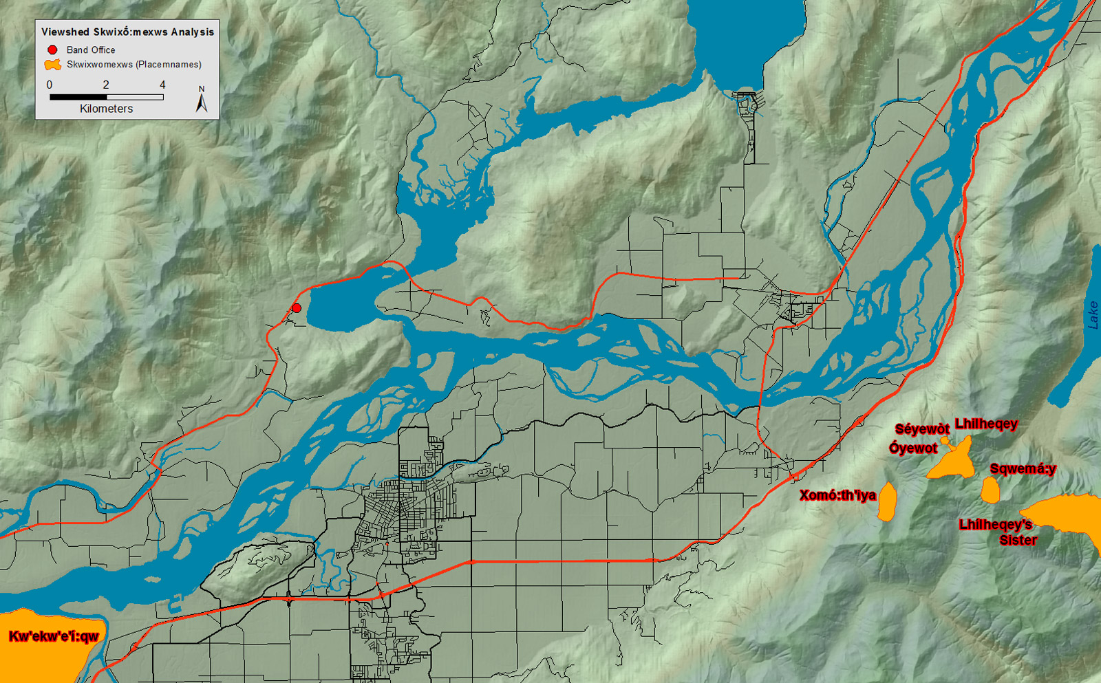 Map of the region around Sqewlets marked with important cultural places.