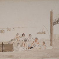 A painting shows the interior of a Coast Salish house. A group of people sit around a fire.